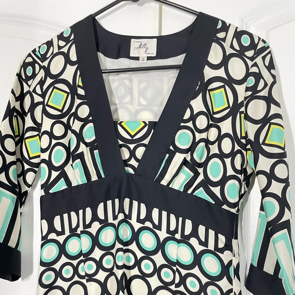 Milly 100% Silk Geo Print Elbow Sleeves Dress size 0 - Picture 7 of 14